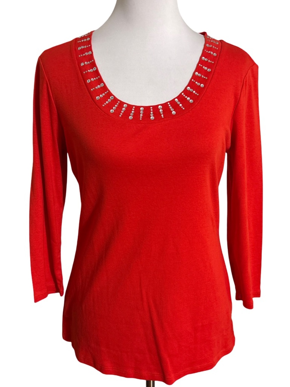 Style & Co Red Scoop Neck Rhinestone Trim Top - Picture 1 of 4